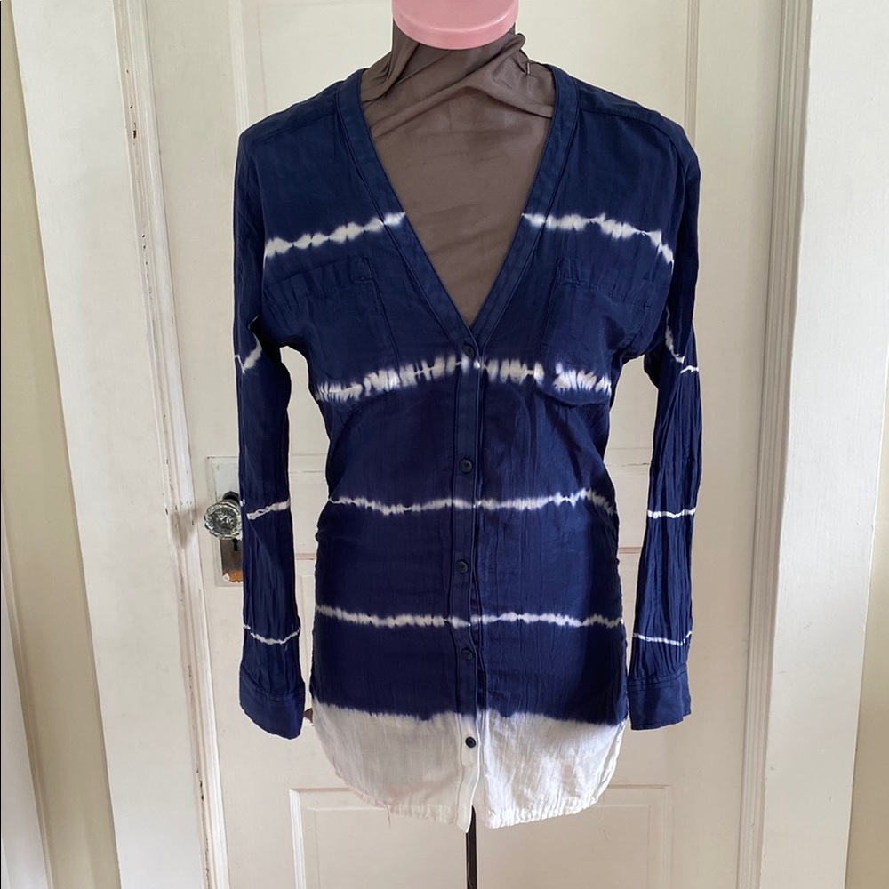 Athleta Navy Blue White Tie Dye Silk Cotton Blend Long Sleeve Button Down Top XS